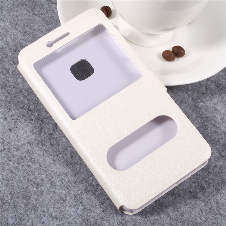 Silk Texture Dual Windows Leather Phone Shell Case with Holder for Huawei P10 Lite - White-3