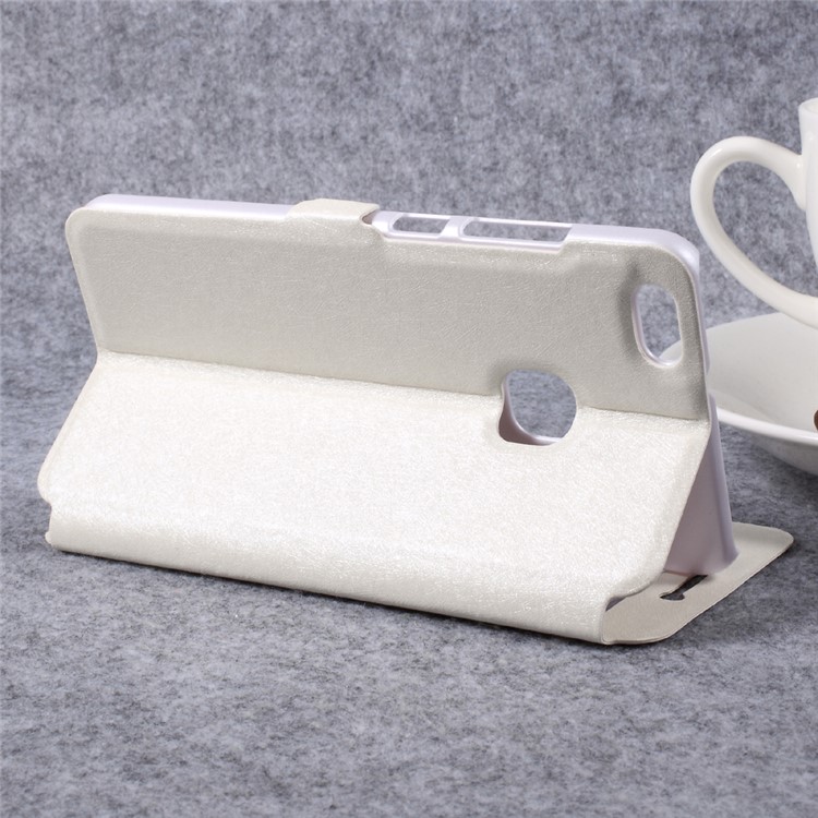 Silk Texture Dual Windows Leather Phone Shell Case with Holder for Huawei P10 Lite - White-5