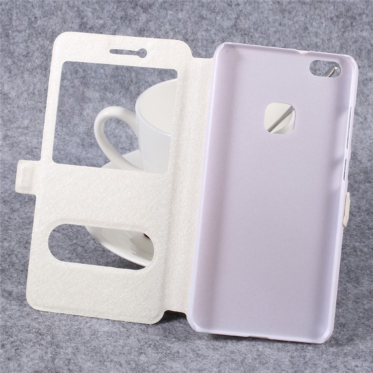 Silk Texture Dual Windows Leather Phone Shell Case with Holder for Huawei P10 Lite - White-6