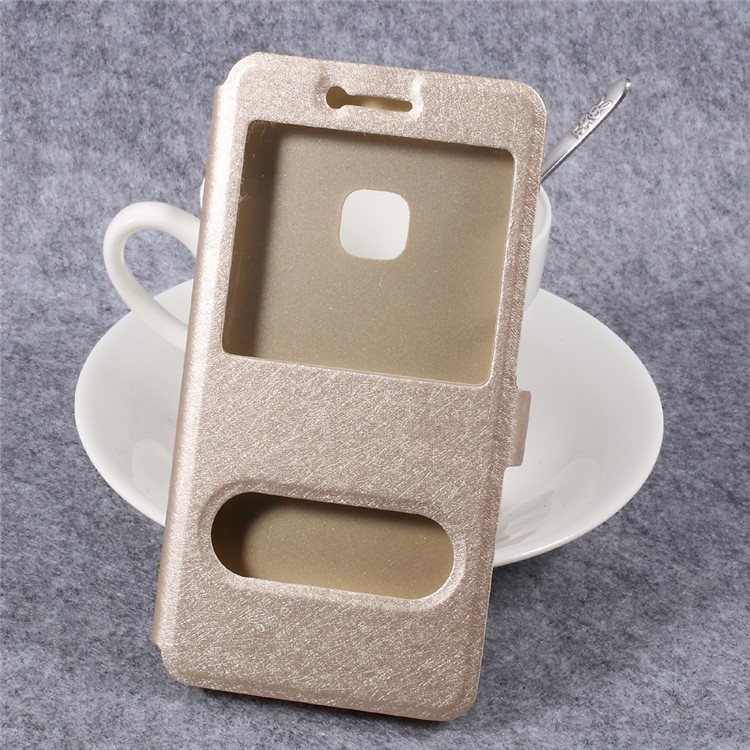 For Huawei P10 Lite Silk Texture Double Window Leather Flip Phone Case with Stand - Gold-1