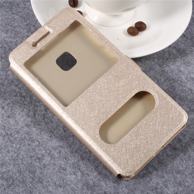 For Huawei P10 Lite Silk Texture Double Window Leather Flip Phone Case with Stand - Gold-3