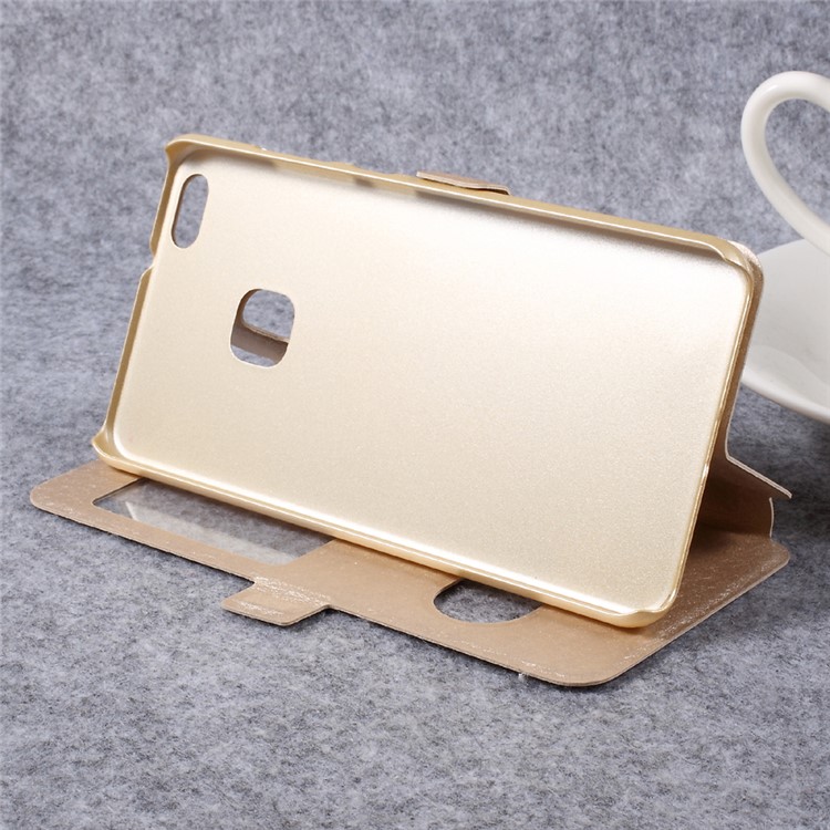For Huawei P10 Lite Silk Texture Double Window Leather Flip Phone Case with Stand - Gold-4