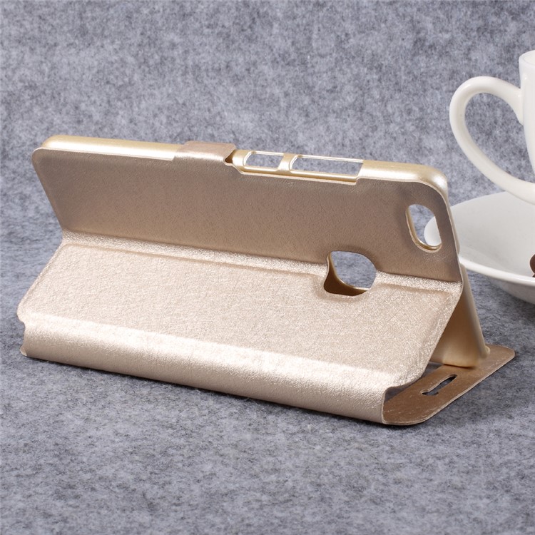 For Huawei P10 Lite Silk Texture Double Window Leather Flip Phone Case with Stand - Gold-5