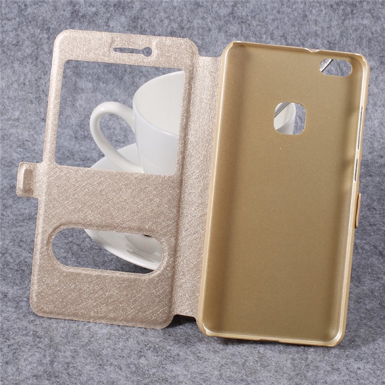 For Huawei P10 Lite Silk Texture Double Window Leather Flip Phone Case with Stand - Gold-6