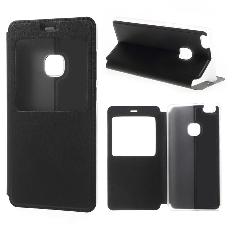 View Window Leather Stand Cell Phone Case for Huawei P10 Lite - Black-1