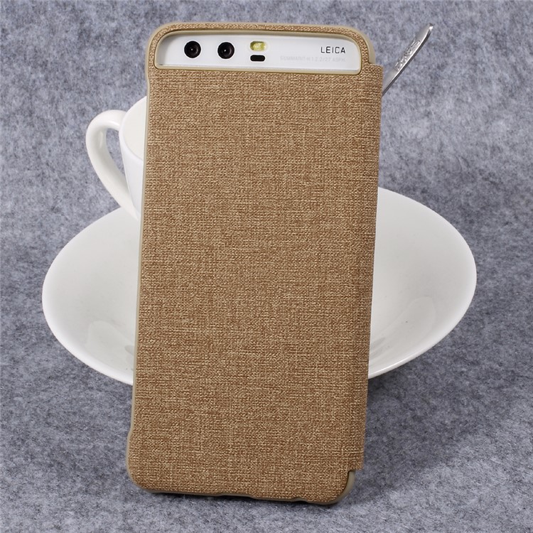 For Huawei P10 Cloth Skin Side View Window Leather Flip Case Cover - Brown-2