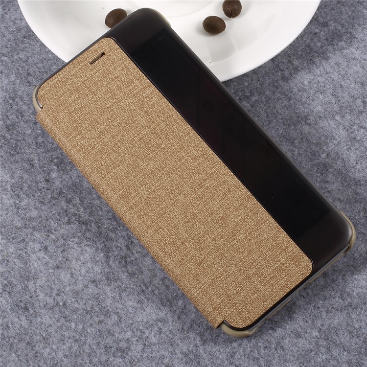 For Huawei P10 Cloth Skin Side View Window Leather Flip Case Cover - Brown-3