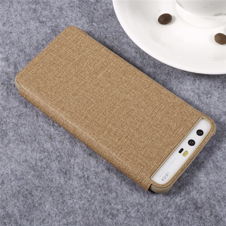 For Huawei P10 Cloth Skin Side View Window Leather Flip Case Cover - Brown-4