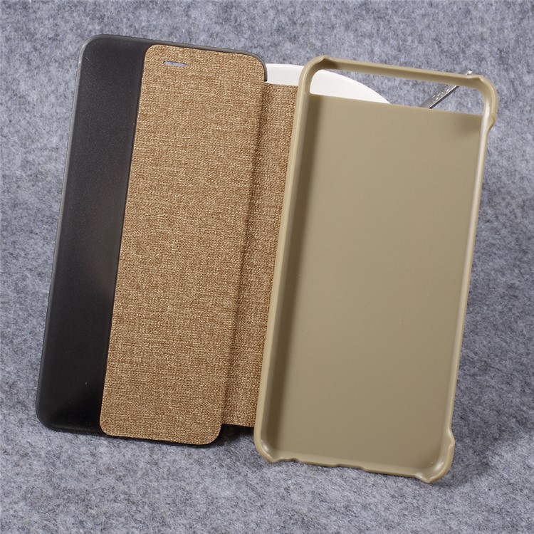 For Huawei P10 Cloth Skin Side View Window Leather Flip Case Cover - Brown-6