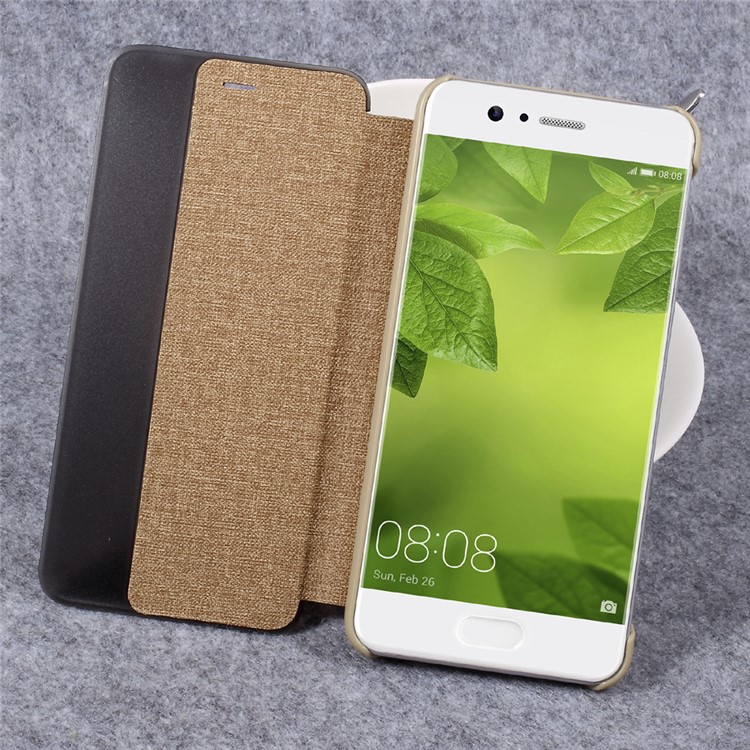 For Huawei P10 Plus Cloth Skin Smart View Leather Flip Case Cover - Brown-5