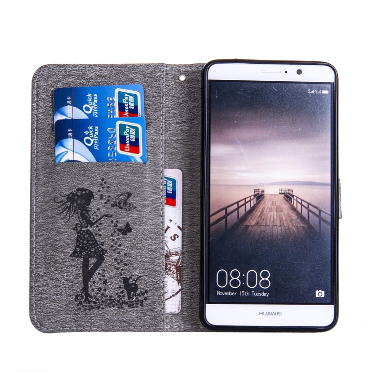 Imprinted Fairy and Butterfly Rhinestone Leather Wallet Case for Huawei Mate 9 - Grey-3