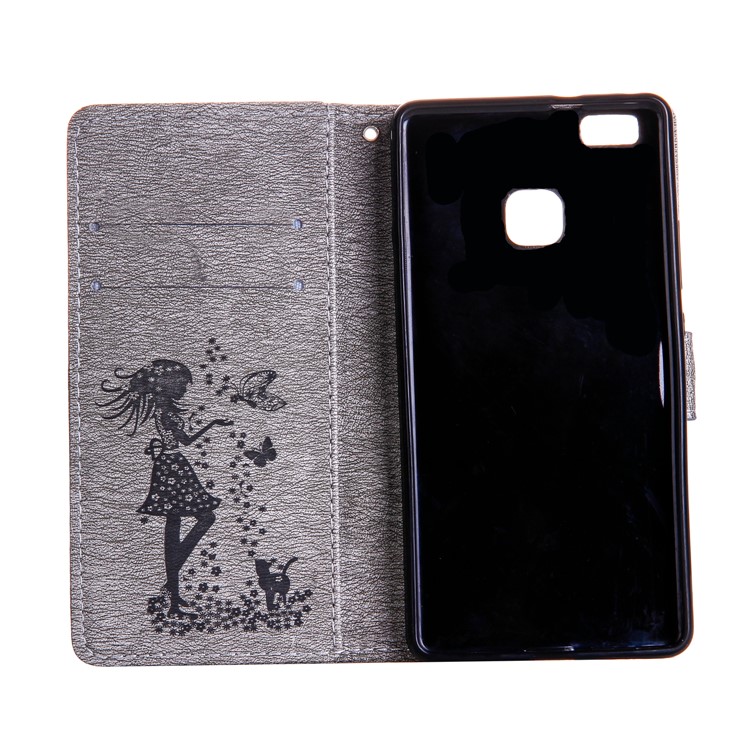 Imprinted Fairy and Butterfly Rhinestone Leather Wallet Case for Huawei P9 Lite/G9 Lite - Grey-3