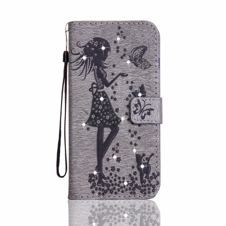 Imprinted Fairy and Butterfly Rhinestone Leather Wallet Case for Huawei Y6 Pro / Enjoy 5 - Grey-1