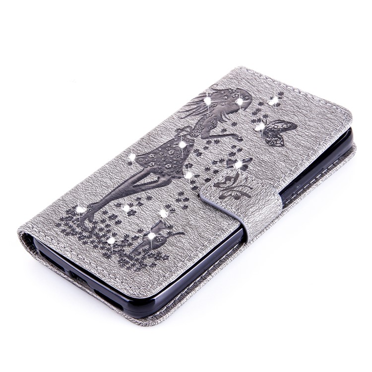 Imprinted Fairy and Butterfly Rhinestone Leather Wallet Case for Huawei Y6 Pro / Enjoy 5 - Grey-4