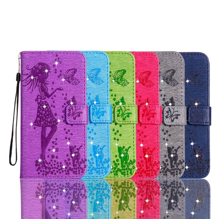 Imprinted Fairy and Butterfly Rhinestone Leather Wallet Case for Huawei Y6 Pro / Enjoy 5 - Grey-6