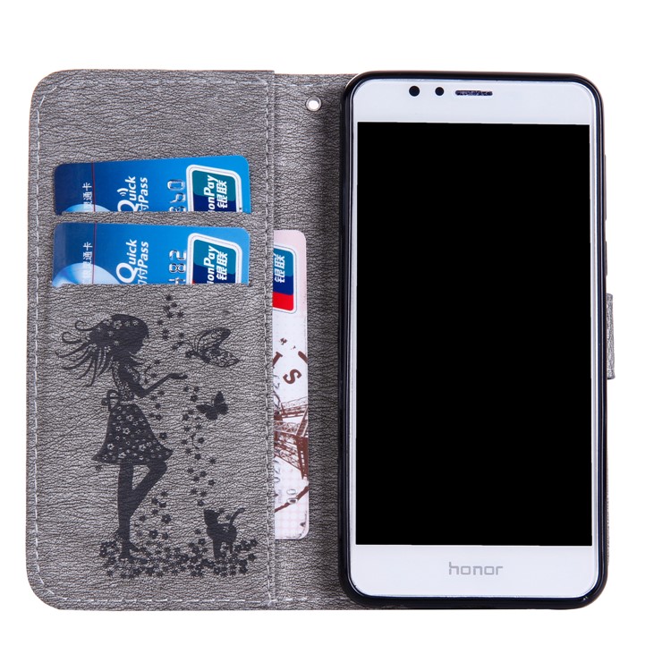 Imprinted Fairy and Butterfly Rhinestone Leather Wallet Case for Huawei Honor 8 - Grey-3