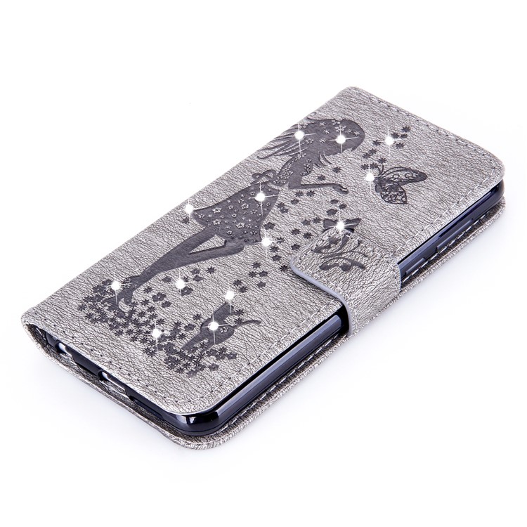Imprinted Fairy and Butterfly Rhinestone Leather Wallet Case for Huawei Honor 8 - Grey-5