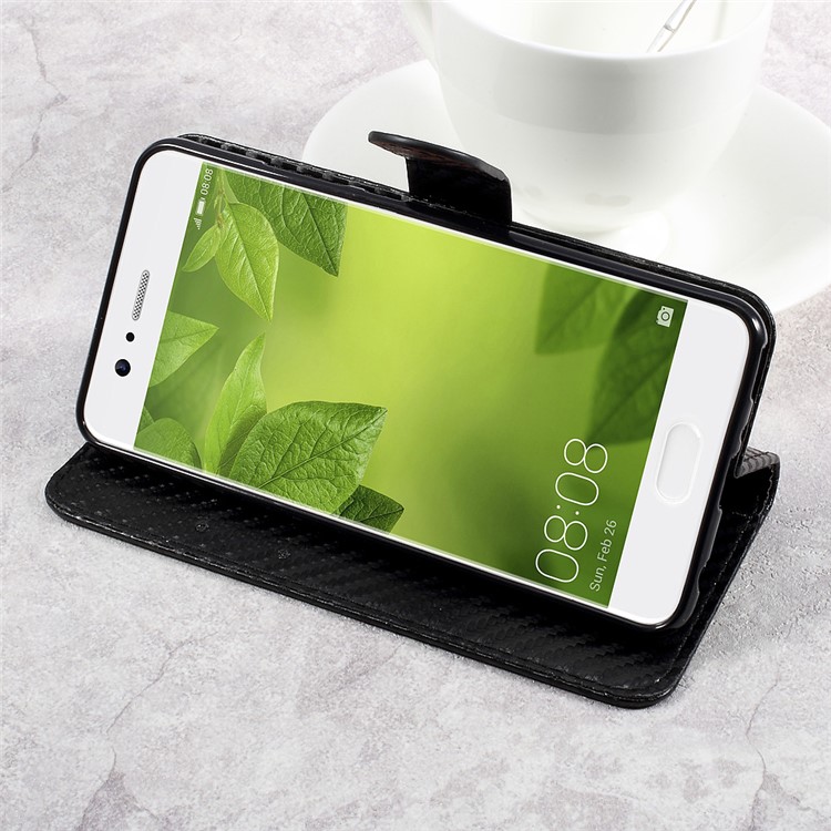 Carbon Fiber Texture Leather Wallet Case for Huawei P10 Plus - Black-4