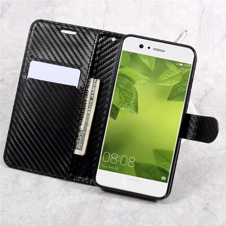 Carbon Fiber Texture Leather Wallet Case for Huawei P10 Plus - Black-6