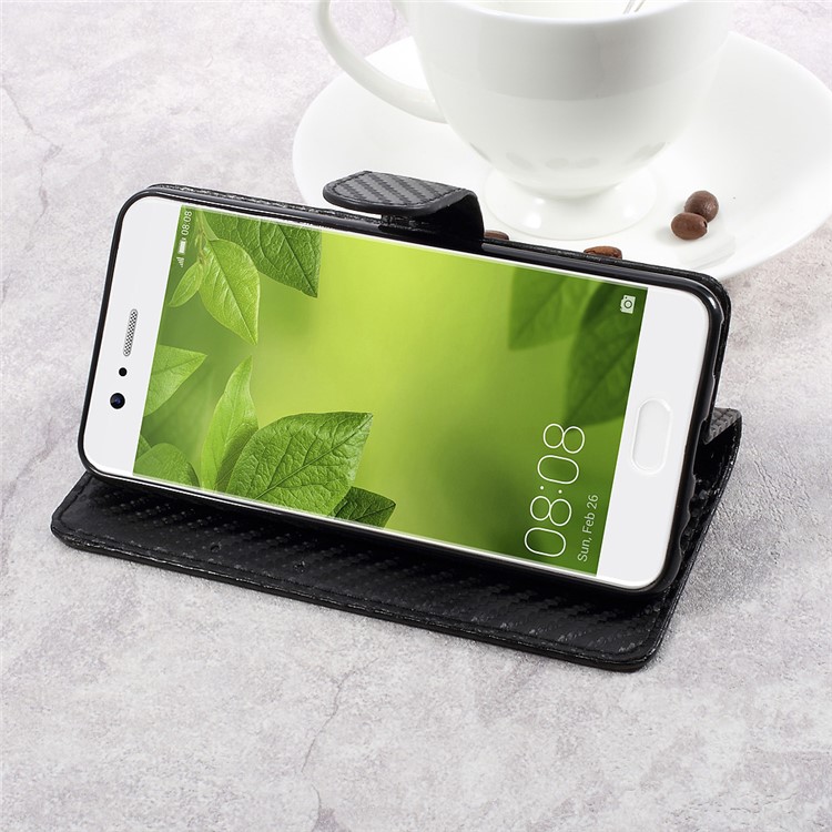 Carbon Fiber Texture Leather Wallet Case for Huawei P10 - Black-4