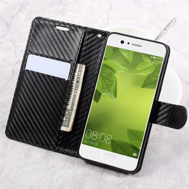 Carbon Fiber Texture Leather Wallet Case for Huawei P10 - Black-6