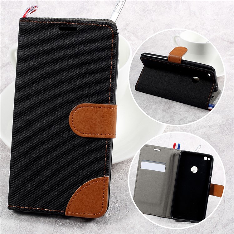 England Style Jean Cloth Leather Card Holder Smartphone Case for Huawei P8 Lite (2017) / Honor 8 Lite - Black-1