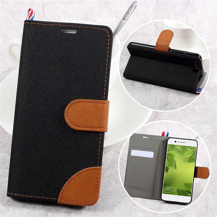 England Style Jean Cloth Leather Card Holder Smartphone Case for Huawei P10 - Black-1