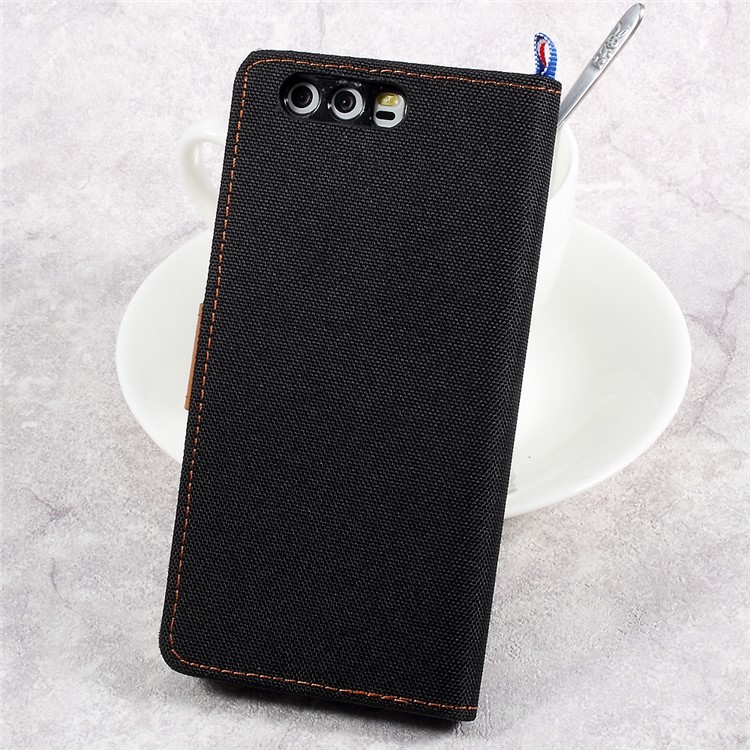 England Style Jean Cloth Leather Card Holder Smartphone Case for Huawei P10 - Black-2