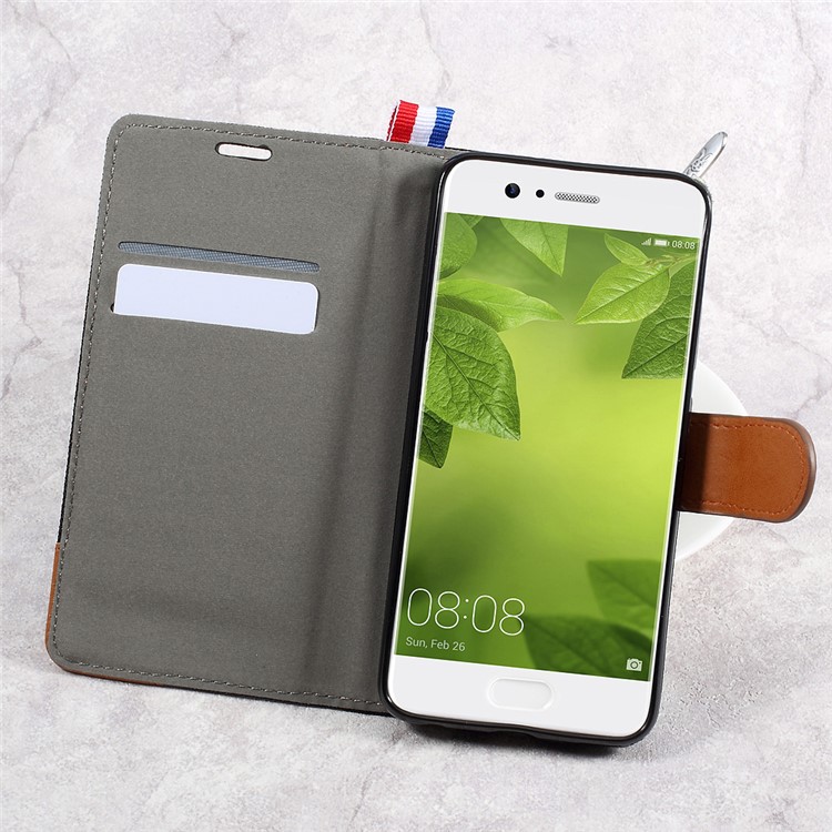 England Style Jean Cloth Leather Card Holder Smartphone Case for Huawei P10 - Black-6