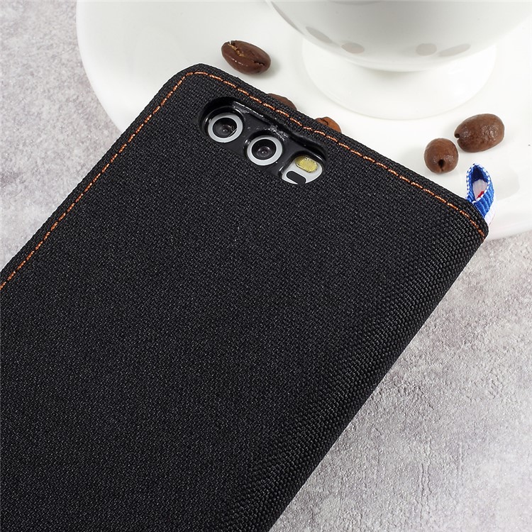 England Style Jean Cloth Leather Card Holder Smartphone Case for Huawei P10 - Black-9