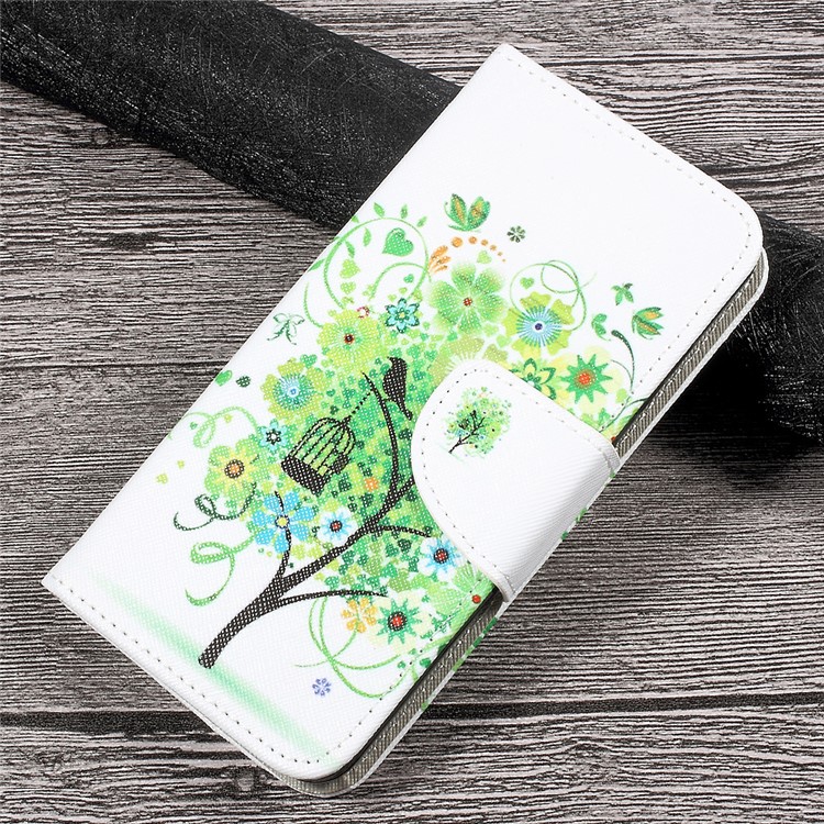 Patterned Leather Stand Wallet Case for Huawei P10 Lite - Green Flowers Tree and Bird-1