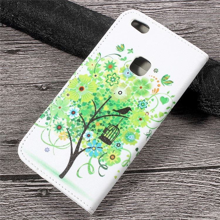 Patterned Leather Stand Wallet Case for Huawei P10 Lite - Green Flowers Tree and Bird-2