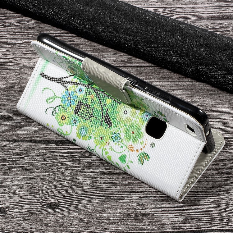 Patterned Leather Stand Wallet Case for Huawei P10 Lite - Green Flowers Tree and Bird-4