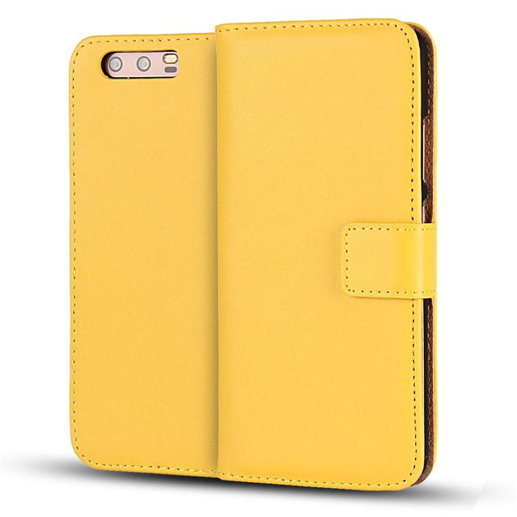 Genuine Split Leather Folio Flip Cover with Card Slots for Huawei P10 - Yellow-1