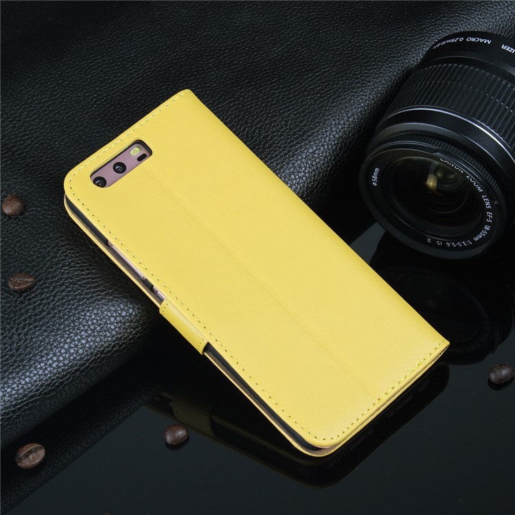 Genuine Split Leather Folio Flip Cover with Card Slots for Huawei P10 - Yellow-6