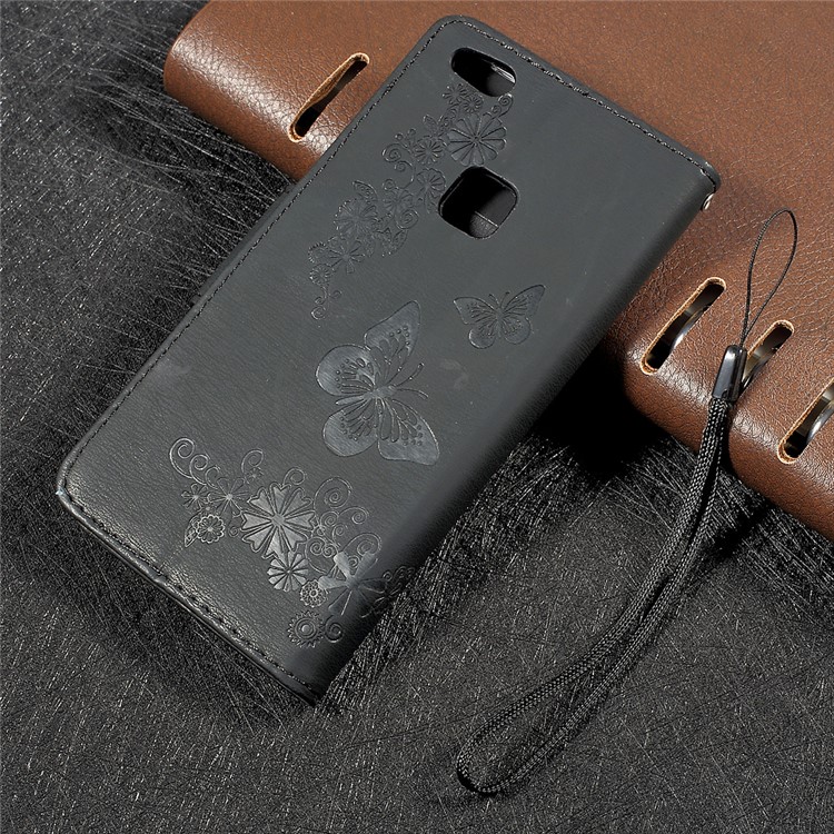 Imprinted Butterfly Flowers Leather Stand Wallet Case for Huawei P10 Lite - Black-2