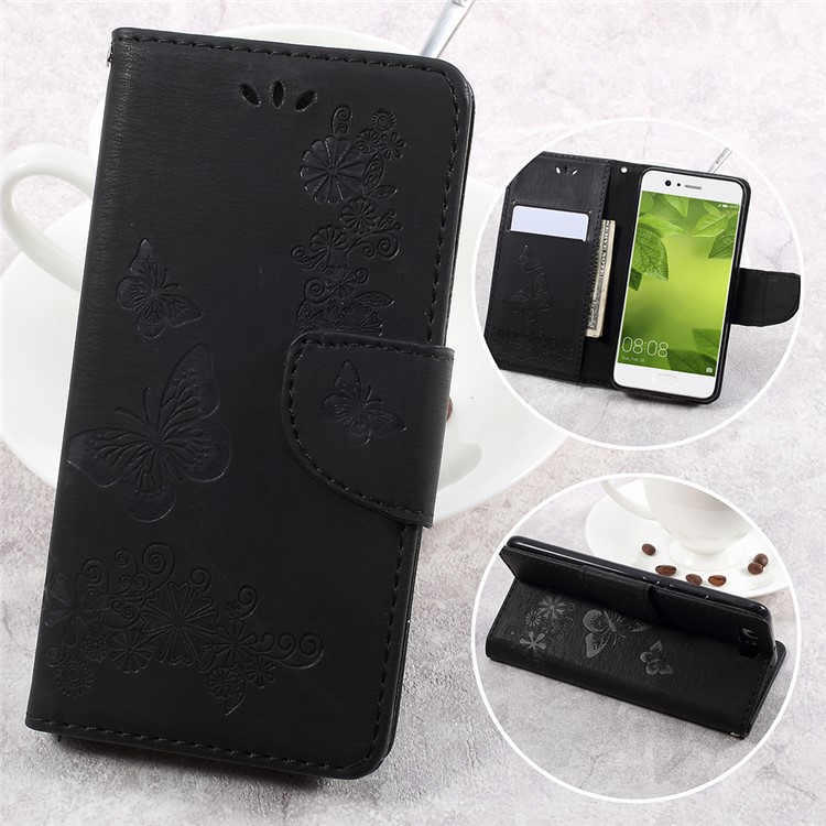 Imprinted Butterfly Flower Leather Wallet Stand Case for Huawei P10 - Black-1