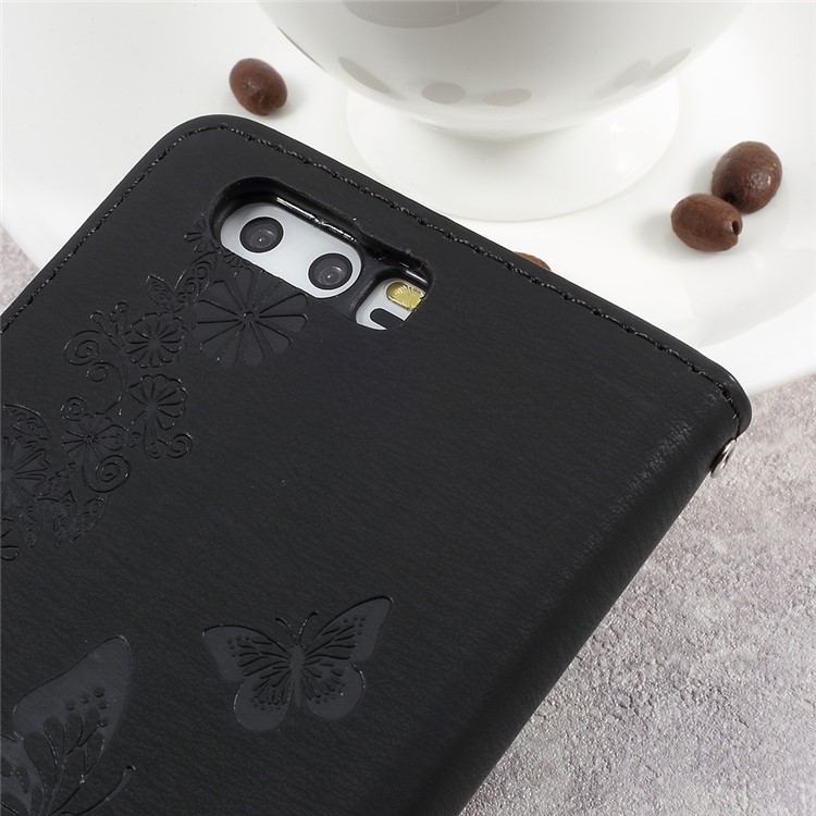 Imprinted Butterfly Flower Leather Wallet Stand Case for Huawei P10 - Black-12