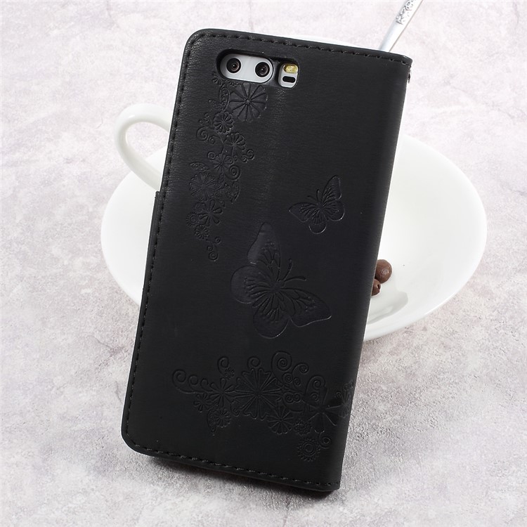 Imprinted Butterfly Flower Leather Wallet Stand Case for Huawei P10 - Black-3