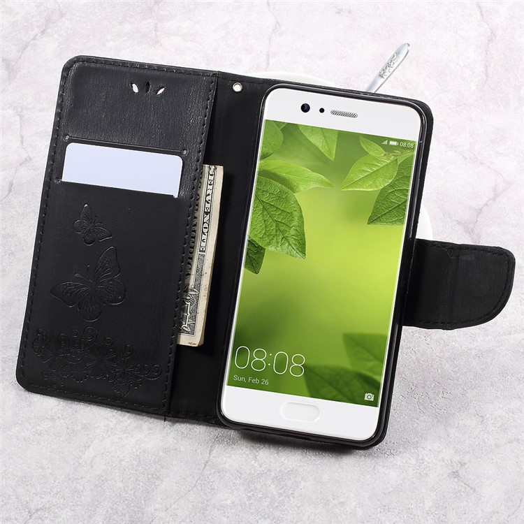 Imprinted Butterfly Flower Leather Wallet Stand Case for Huawei P10 - Black-7