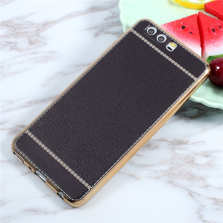 Lychee Grain Leather Coated Plating TPU Phone Case for Huawei P10 Plus - Black-1