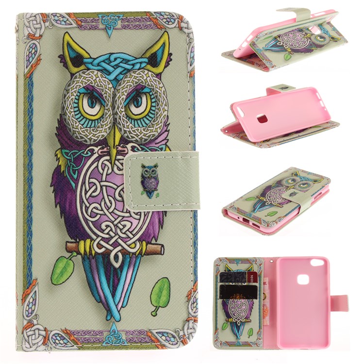 Patterned Wallet Leather Mobile Case Stand for Huawei P10 Lite - Tiger with Green Eye-1