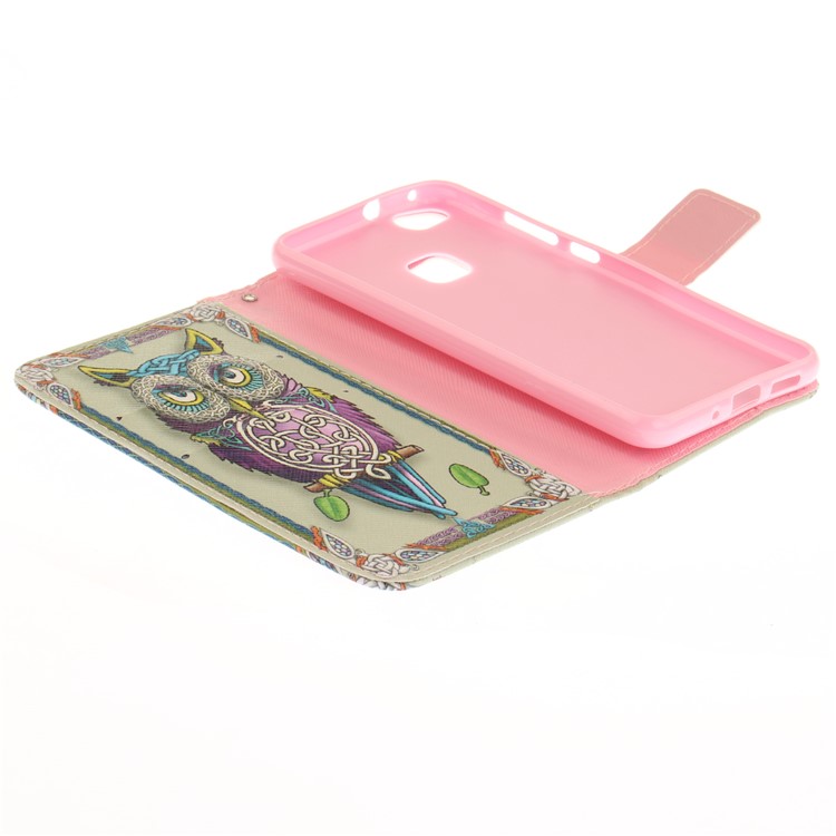 Patterned Wallet Leather Mobile Case Stand for Huawei P10 Lite - Tiger with Green Eye-8