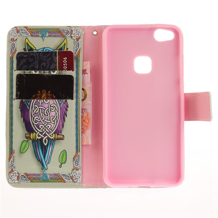 Patterned Wallet Leather Mobile Case Stand for Huawei P10 Lite - Tiger with Green Eye-9