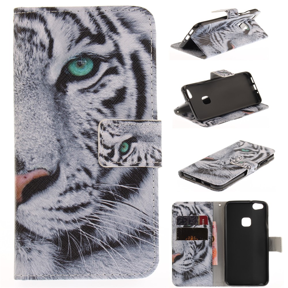 Printing Pattern Leather Wallet Mobile Casing for Huawei P10 Lite - Tiger with Green Eye-1