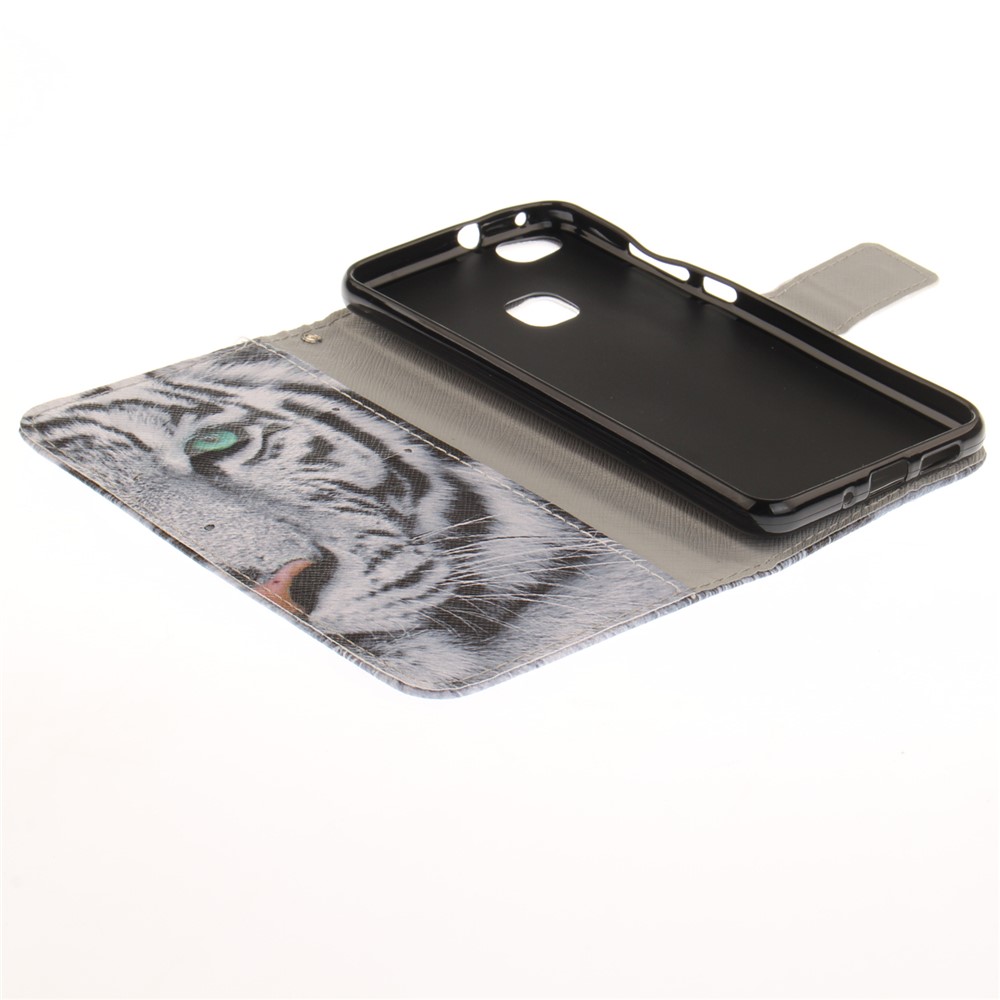 Printing Pattern Leather Wallet Mobile Casing for Huawei P10 Lite - Tiger with Green Eye-8