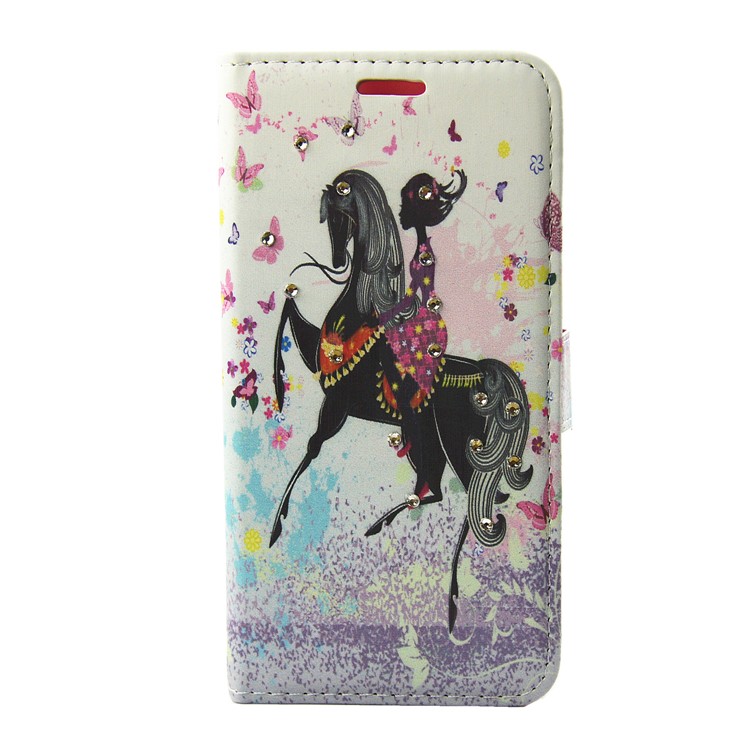 Rhinestones Patterned Leather Stand Smartphone Shell for Huawei P10 Lite - Girl Riding Horse and Butterflies-1