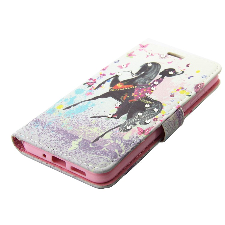 Rhinestones Patterned Leather Stand Smartphone Shell for Huawei P10 Lite - Girl Riding Horse and Butterflies-7