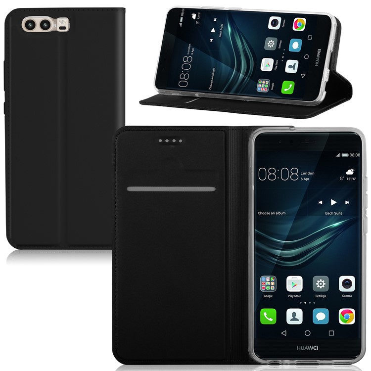 Card Holder PU Leather Stand Cell Phone Case for Huawei P10 - Black-1