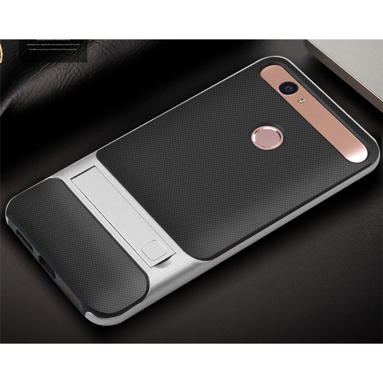 ELEGANCE Grid Pattern TPU + PC Kickstand Mobile Phone Case for Huawei Nova - Silver-2